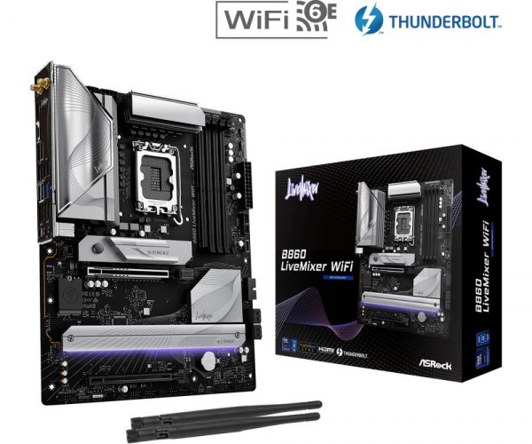 Mainboard ASROCK Intel B860 Express LGA1851 ATX Memory DDR5 Memory slots 4 1xPCI-Express 4.0 16x 1xPCI-Express 5.0 16x 1xM.2 1xHDMI 1xAudio-Out 1xMicrophone 6xUSB 2.0 6xUSB 3.2 1xUSB-C w/Thunderbolt 1xOptical S/PDIF 1xRJ45 B860LIVEMIXERWIFI