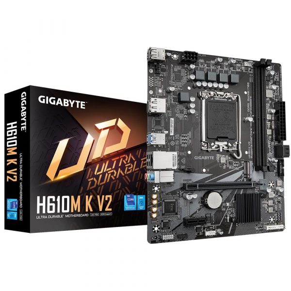 b674e40a-fa2c-4c08-a2dc-f73a60a61b96.jpeg Mainboard GIGABYTE Intel H610 LGA1700 Micro-ATX Memory DDR5 Memory slots 2 1xPCI-Express 3.0 1x 1xPCI-Express 4.0 16x 1xM.2 1xHDMI 1xDisplayPort 4xUSB 2.0 2xUSB 3.2 1xPS/2 1xRJ45 3xAudio port H610MKV2