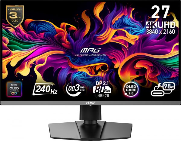 Monitor|MSI|MPG 272URX QD-OLED|27"|Gaming/4K|Matte|Panel QD-OLED|3840x2160|16:9|240 ??|0.03 ms|Swivel|Pivot|Height adjustable|Tilt|Colour Black|MPG272URXQD-OLED